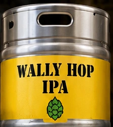 Silver keg with Kenmore Gold band reading Wally Hop IPA