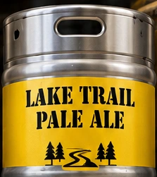 Silver keg with Kenmore Gold band reading Lake Trail Pale Ale
