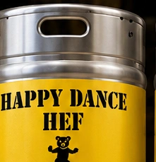 Silver keg with Kenmore Gold band reading Happy Dance Hef