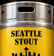Silver keg with Kenmore Gold band reading Seattle Stout