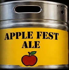 Silver keg with gold Apple Fest Ale label and apple illustration
