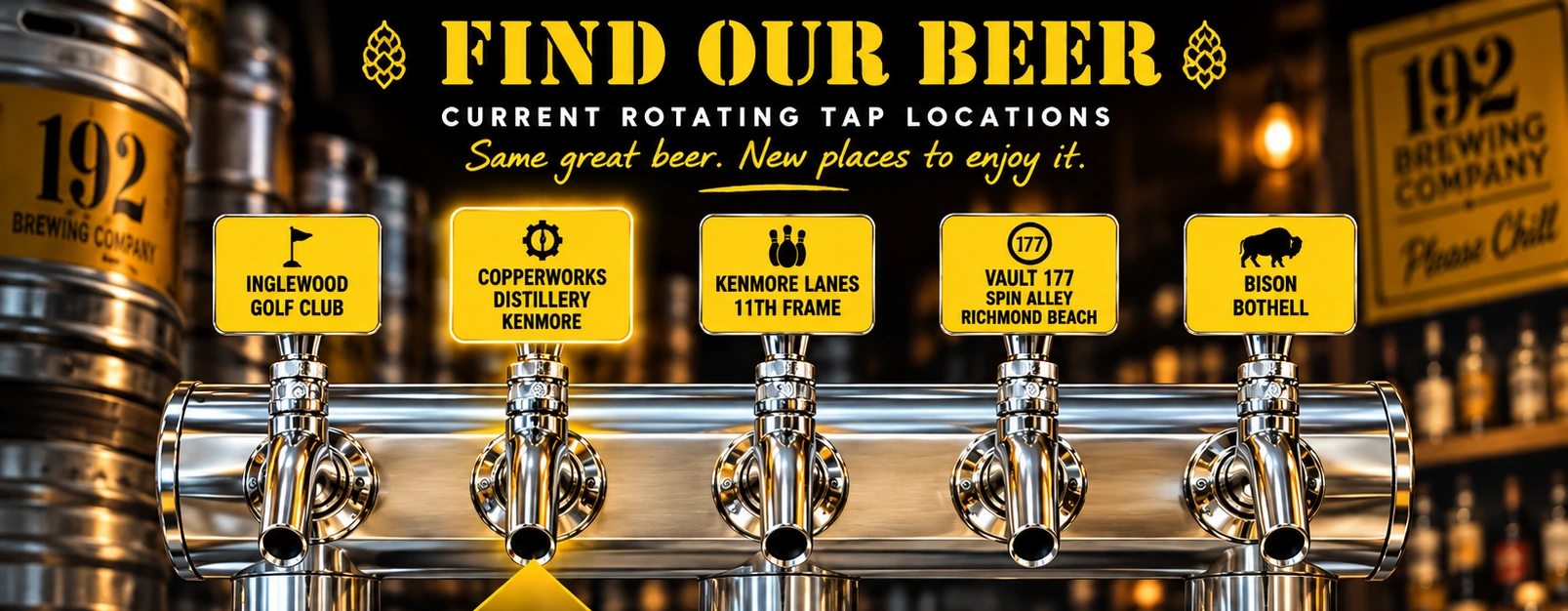 Five chrome beer taps labeled Inglewood Golf Club, Copperworks Distillery Kenmore, Kenmore Lanes 11th Frame, Vault 177 Spin Alley Richmond Beach, and Bison Bothell